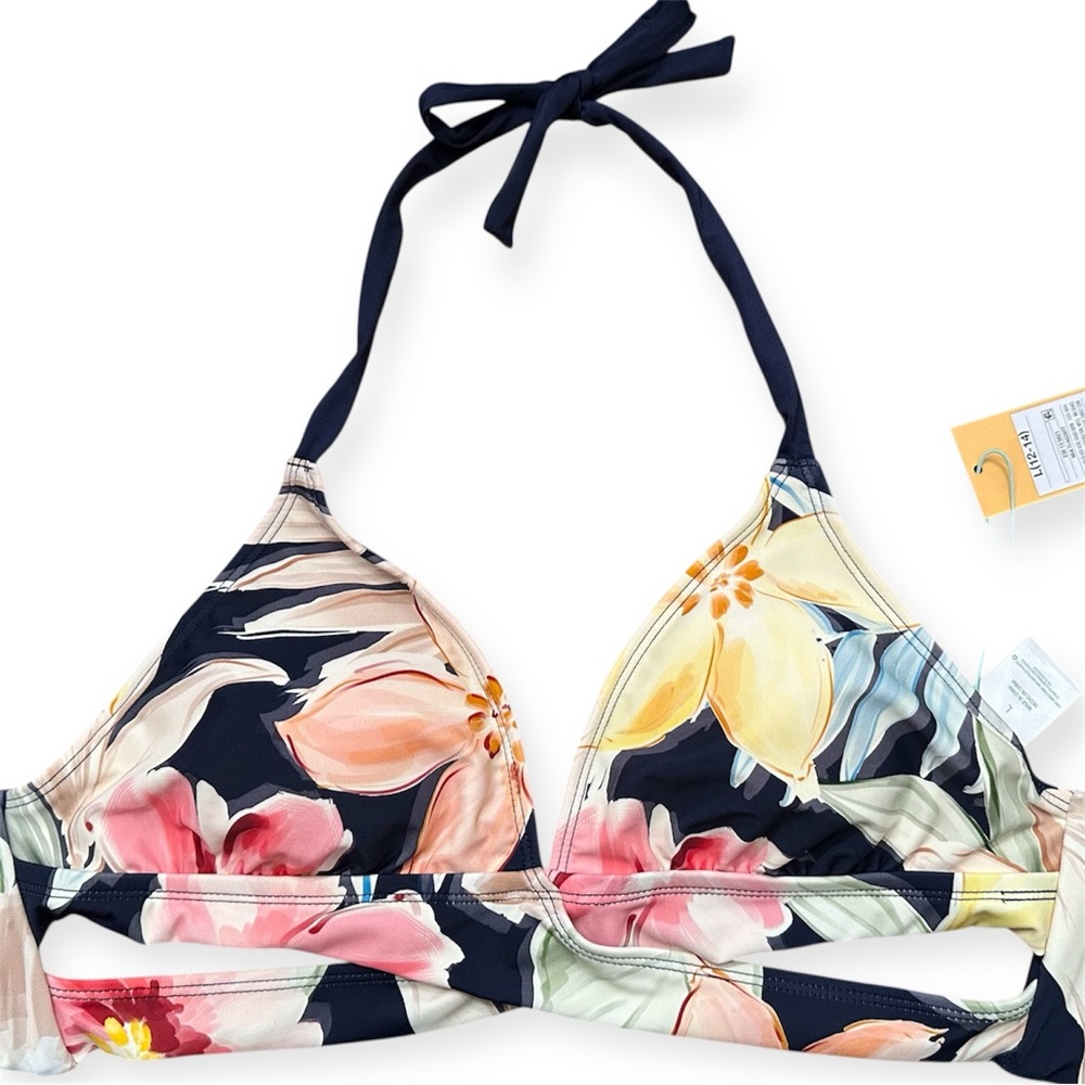 Kona Sol Navy Blue Floral Bikini Top Halter Faux Wrap Large 12-14 NWT